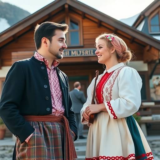 Drehszene eines Musikvideos des 'Alpenduos' in Tracht vor einer Almhütte.
