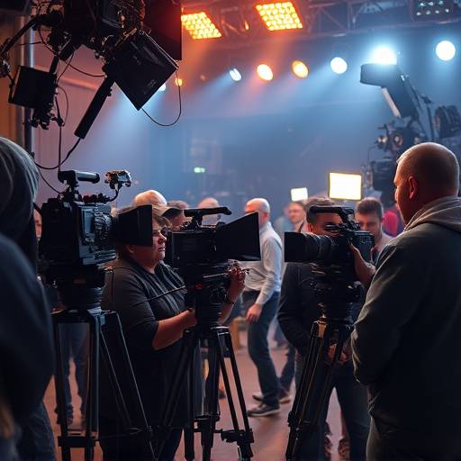 Ein Filmteam, das an einem Drehort arbeitet, mit Kameras, Lichtern und Tontechnikern.