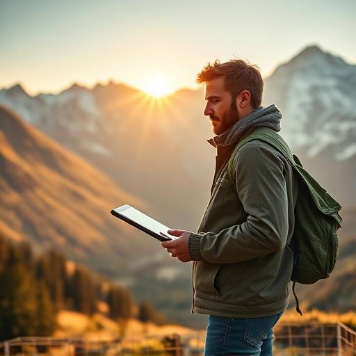 Ein Location Scout, der mit einem Tablet vor einer malerischen Alpenkulisse steht und die Umgebung inspiziert.