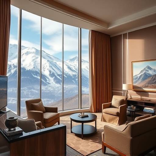 Ein luxuriöses Hotelzimmer mit Panoramablick auf die Alpen.