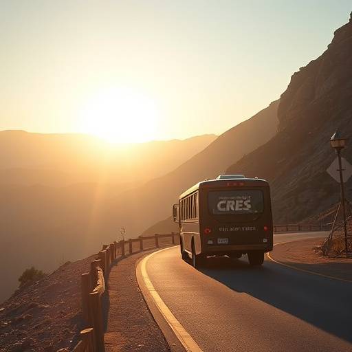 Ein Shuttlebus, der ein Filmteam zu einem abgelegenen Drehort in den Bergen bringt.