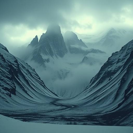 Eine düstere Filmszene aus 'Das finstere Tal' mit einem schneebedeckten Tal und bedrohlichen Bergen.