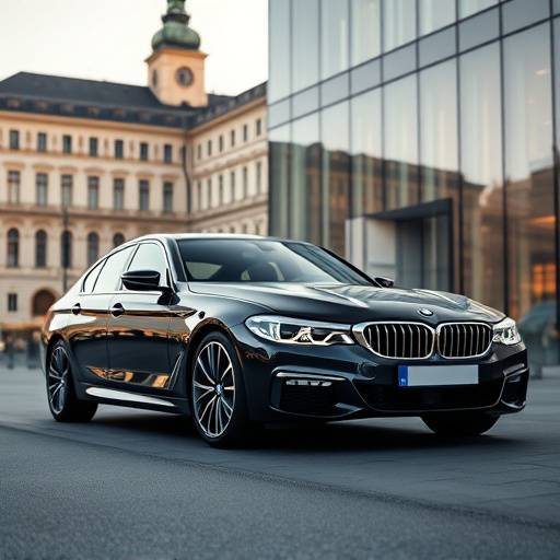Eine elegante Werbeszene von BMW mit einem Auto vor dem Hintergrund einer modernen Architektur in Wien.
